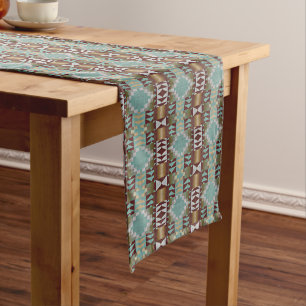 Chemin De Table Long Taupe Brown Turquoise Aqua Blue Tribal Motif