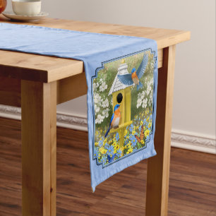 Chemin De Table Moyen Bluebirds et Hexagon Birdhouse Blue