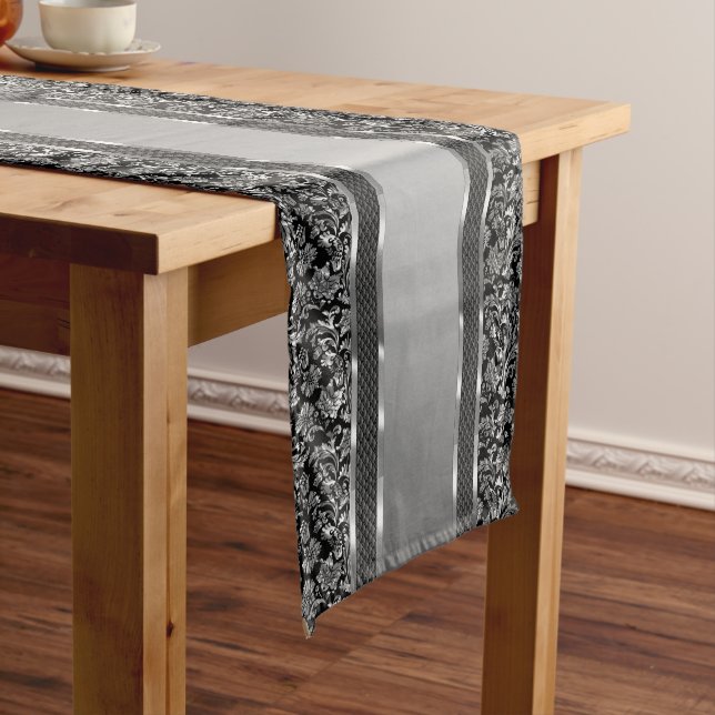 Chemin De Table Moyen Élégant Argent Et Noir Damas & Stripes (In Situ)