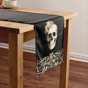Chemin De Table Moyen Gothique Crâne glamour Roses blanches