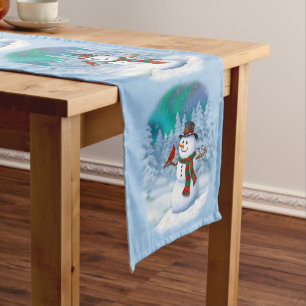 Chemin De Table Moyen Joyeux Noël Snowman & Birds Winter Scene
