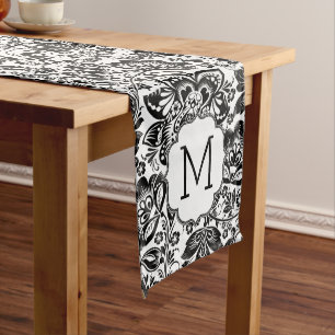 Chemin De Table Moyen Monogramme noir & blanc Baroque Damas