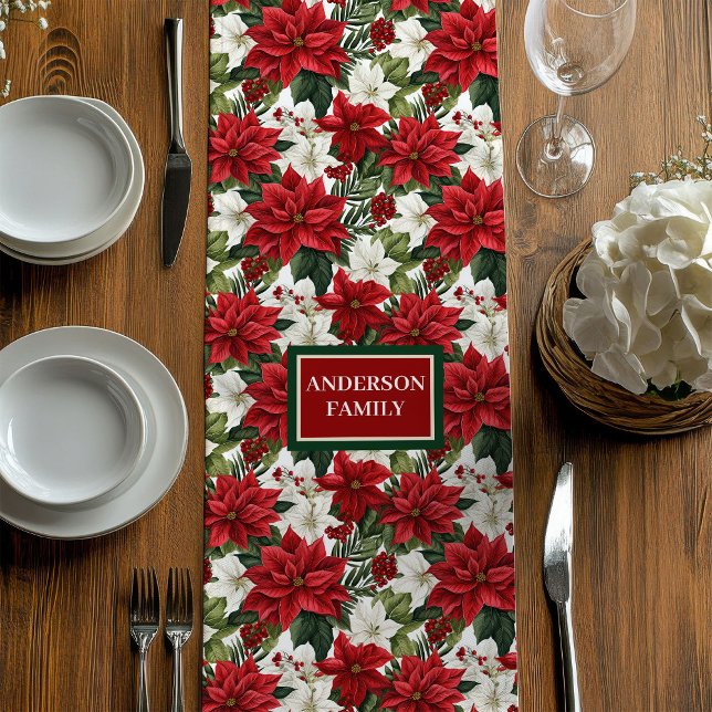 Chemin De Table Moyen Red Green Table Runner Chic Poinsettia Custom Name (Red Green Table Runner Chic Poinsettia Custom Name)