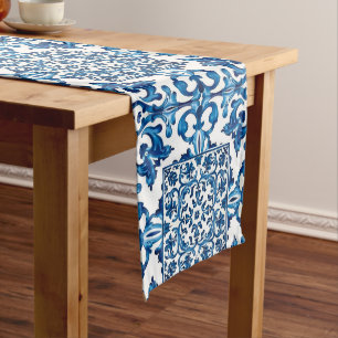 Chemin De Table Moyen style italien, méditerranéen, mosaïque, bleu,