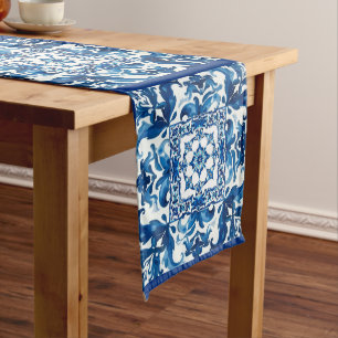 Chemin De Table Moyen style italien, méditerranéen, mosaïque, bleu,