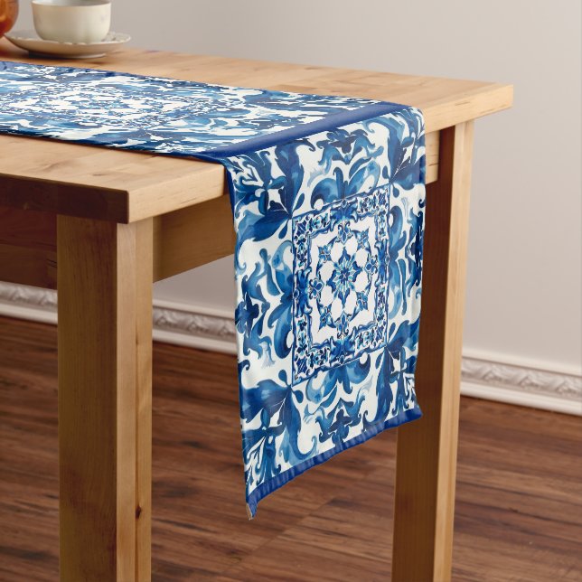 Chemin De Table Moyen style italien, méditerranéen, mosaïque, bleu, (In Situ)