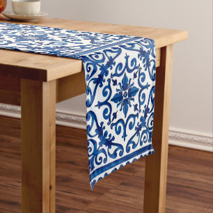 Chemin De Table Moyen style italien, méditerranéen, mosaïque, bleu,