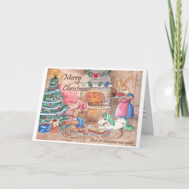 Cheminée de carte de Noël Fantaisie familiale (Devant)