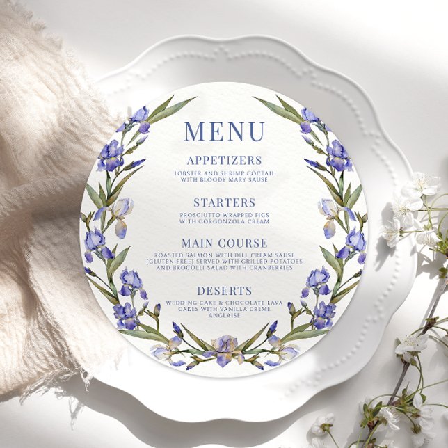 Chemise florale bleu irise ronde Menu Carte Plaque (Créateur téléchargé)