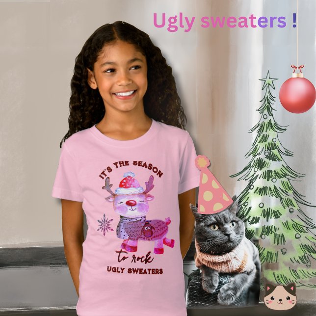 Chemise T-Shirt en cerf rose mignon (Ugly Sweater Cute Pink Deer T-Shirt)