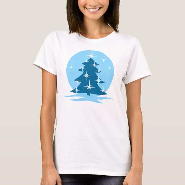 Chemises de Noël bleues de la dame T-shirt Arbre b (Devant)