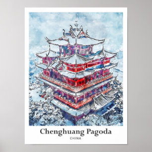 Chenghuang-Pagode China Kunst Reise Wasserfarbe Poster