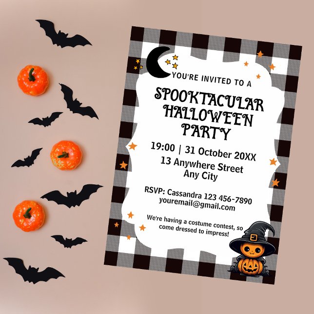Chèque noir et blanc En vichy Invitation Halloween (Black Vichy Check Gingham Halloween Invitation.)