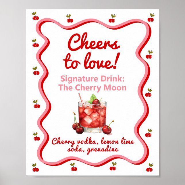 Cheques Drinks Cherry Brautparty Tafelschild Poster (Vorne)