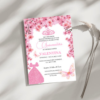 Cheres Blüten Blütenrosa Butterfly Quinceañera Einladung
