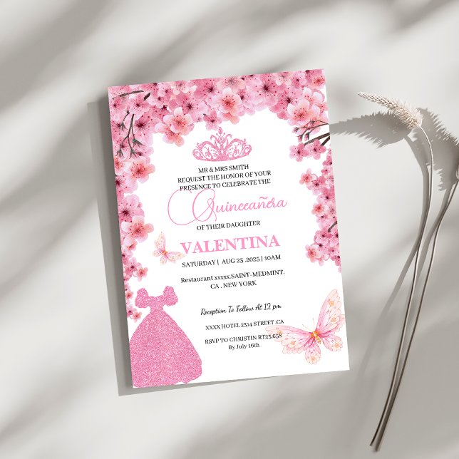 Cheres Blüten Blütenrosa Butterfly Quinceañera Einladung (Von Creator hochgeladen)