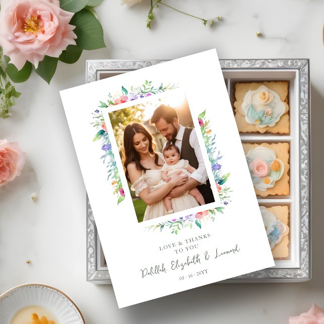 Cherish Cute Floral Frame Christening Photo Dankeskarte (Cherish Cute Floral Frame Christening Photo Thank You Card. )