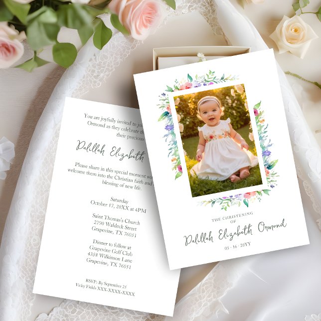Cherish Cute Floral Frame Christening Photo  Einladung (Cherish Cute Floral Frame Christening Photo Invitation Card.)