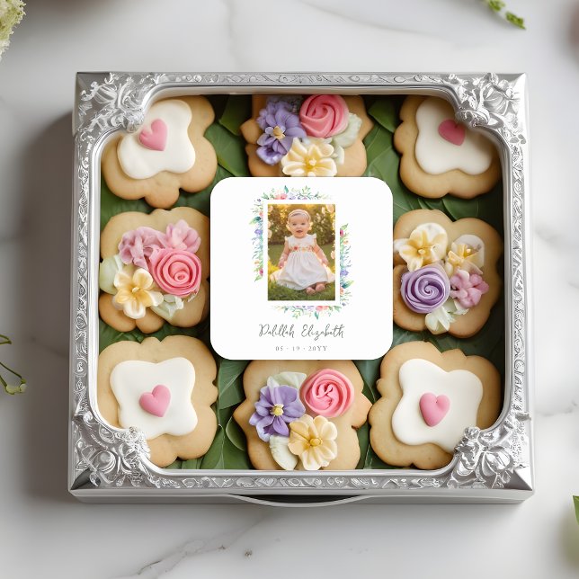 Cherish Cute Floral Frame Christening Photo  Quadratischer Aufkleber (Cherish Cute Floral Frame Christening Photo Square Sticker. )