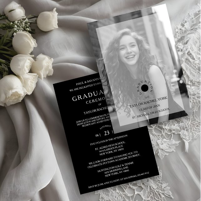 Cherish Exquisite Delicate Minimalist Black White Einladung (Cherish Exquisite Delicate Minimalist Black & White Photo with Vellum Translucent Effect Graduation.)