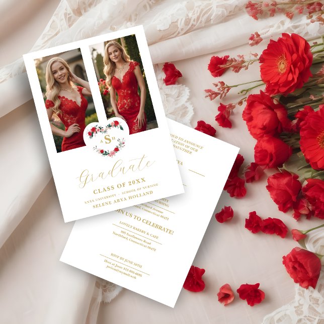 Cherish  Floral Heart Initials Graduate 2 Photos Einladung (Cherish Romantic Floral Heart Initials Graduate 2 Photos Invitation Card. )