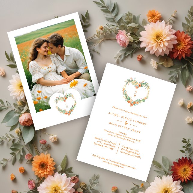 Cherish Orange & Green Floral Heart Wreath Wedding Einladung (Cherish Romantic Orange & Green Floral Heart Shape Wreath Wedding Invitations Cards with Initials.)