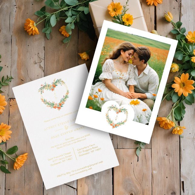 Cherish Romantic Orange & Green Floral Heart Shape Folieneinladung (Cherish Romantic Orange & Green Floral Heart Shape Wreath Wedding Golden Metallic Foil Invitations.)