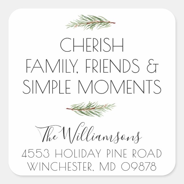 Cherish Simple Holiday Moments Rücksendeadresse Quadratischer Aufkleber (Vorderseite)