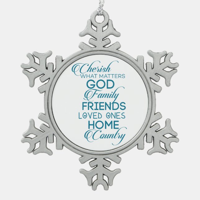 Cherish, was Aquamarin zählt Schneeflocken Zinn-Ornament (Vorderseite)