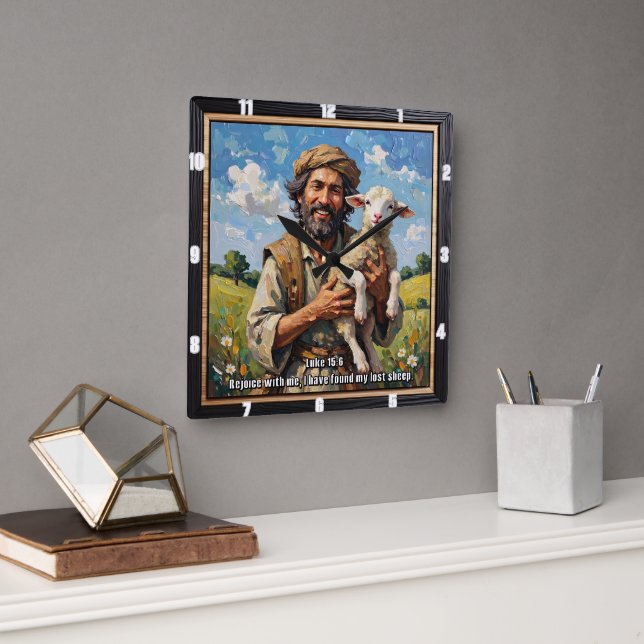 Cherished Lamb: Luke 15:6 Remind Quadratische Wanduhr (Büro)