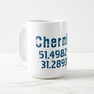 Chernihiv Ukraine Längen- und Breitengrad bedrängt Kaffeetasse