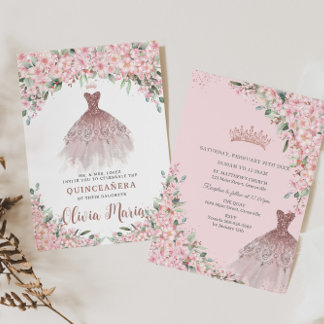 Cheroms Blütenblütenblüte Rose Goldkleid Quinceañe Einladung