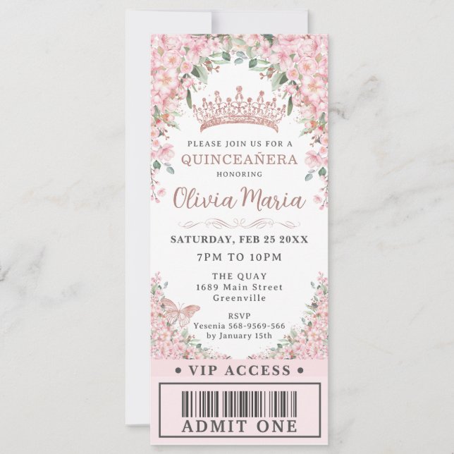 Cheroms Rose Gold Quinceñera VIP Ticket Einladung (Vorderseite)