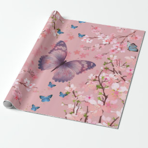 Cherries Blossom & farbenfrohe Schmetterlinge Geschenkpapier