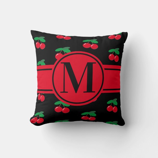 Cherries Frucht rotes Muster Monogram Black Kissen (Vorderseite)