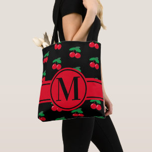 Cherries Frucht rotes Muster Monogram Black Tasche