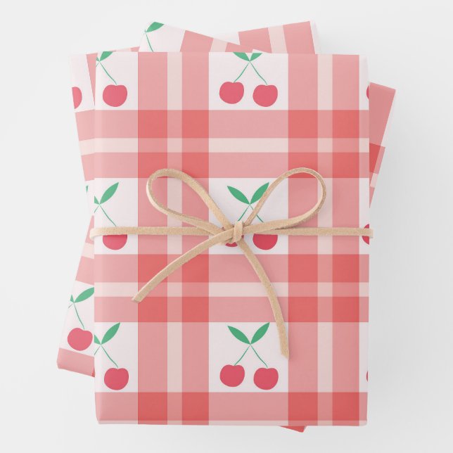 Cherries on Red Kariert Gingham Pattern Geschenkpapier Set (Beispiel)