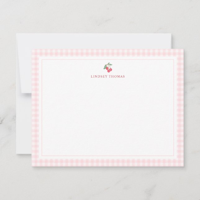 Cherries Pink Gingham Border Personalized Mitteilungskarte (Vorderseite)