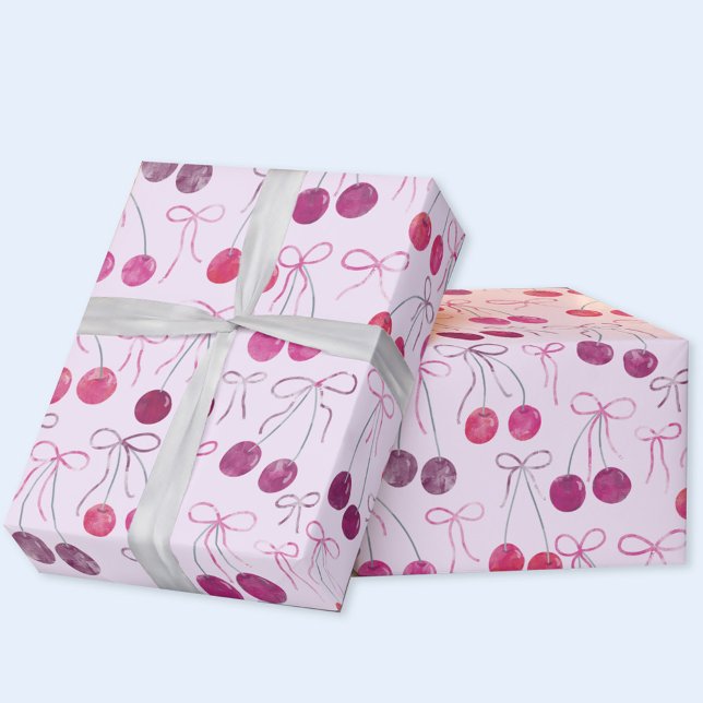 Cherries Ribbons and Bows Watercolor Pattern Geschenkpapier (Cherries, ribbons and bows gift wrapping paper roll)