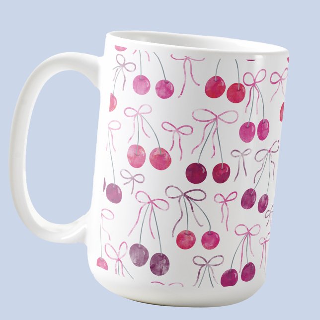 Cherries Ribbons and Bows Watercolor Pattern Kaffeetasse (Cherries Ribbons and Bows watercolor pattern coffee mug)