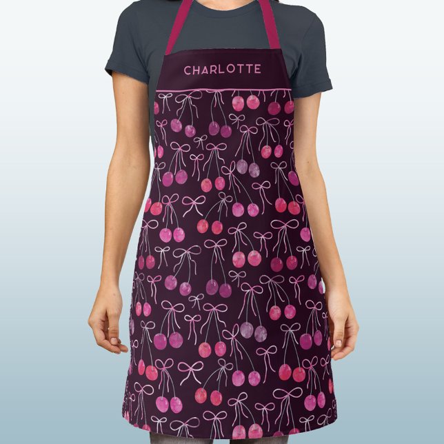 Cherries Ribbons Bows Wasserfarbe Personalisiert Schürze (Watercolor cherries, ribbons and bows pattern black cherry personalized name apron)