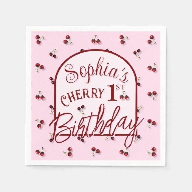 Cherries Theme First Birthday Paper Napkin Serviette (Vorderseite)