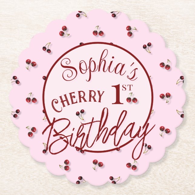 Cherries Theme First Birthday Paper Untersetzer (Vorderseite)