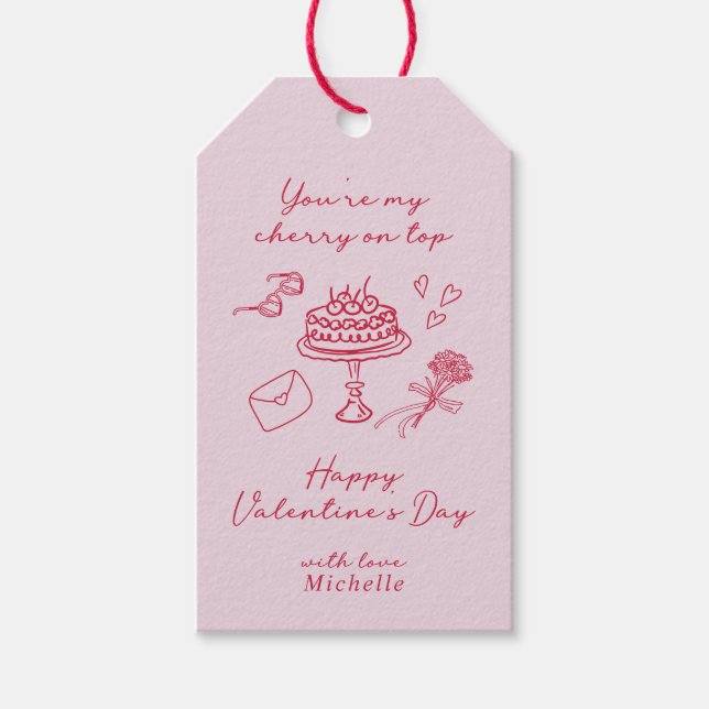 Cherry am oberen Valentinstag Pink Bow Geschenkanhänger (Vorderseite)