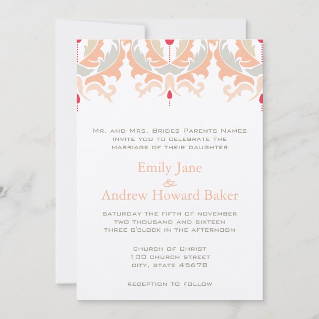 Cherry and Peach Damask Hochzeitseinladung Einladung (Vorderseite)