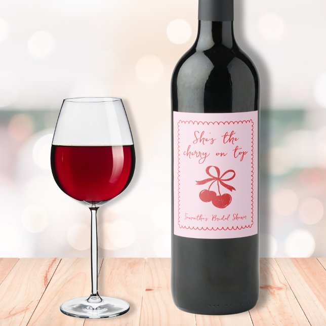 Cherry auf dem Brautparty mit der Hand oben Weinetikett (Cherry On Top Bow Hand Drawn Bridal Shower Wine Label)