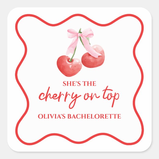 Cherry auf dem rosa Bow Bachelorette Quadratischer Aufkleber (Vorderseite)