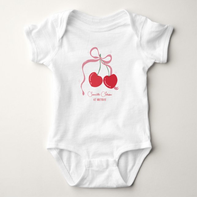 Cherry auf dem rosa Bow Birthday Bodysuit Baby Strampler (Vorderseite)