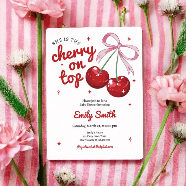 Cherry auf der Coquette Bow Pink Girl Baby Dusche Einladung (Von Creator hochgeladen)