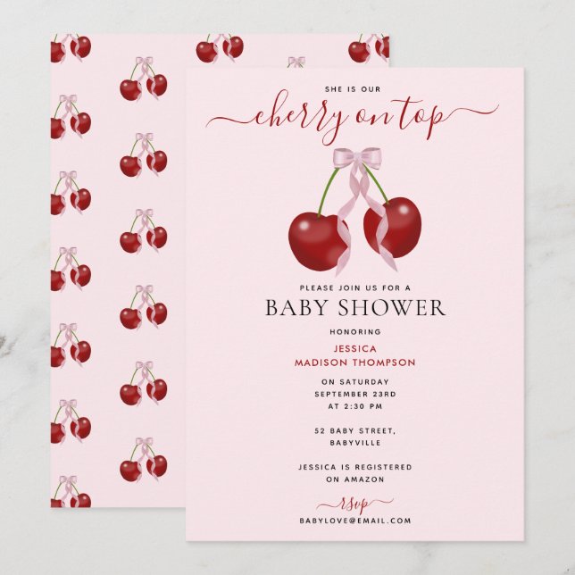Cherry auf der neuesten Babydusche Pink Bow Girl Einladung (Vorne/Hinten)